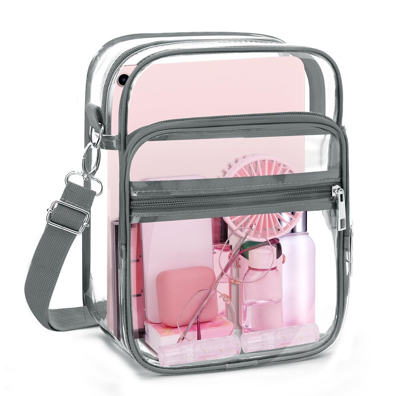 Blvornl Clear Crossbody Bag with Adjustable Shoulder Strap, Stadium Approved PVC Purse Bag with Front Pocket, Messenger Bag for Women and Men for Concerts Sports Events (Grey-XL) - Image 1